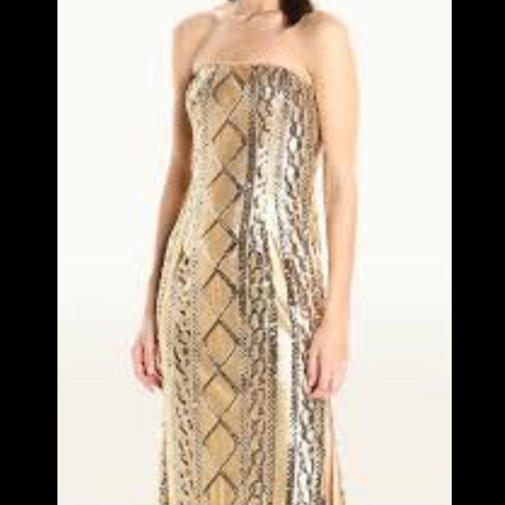 Adrianna Papell gold sequin lace back floor length gown